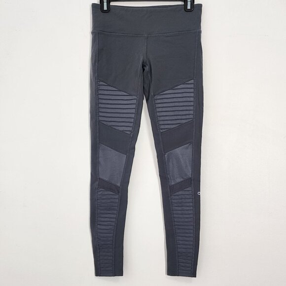 ALO Yoga Gray Moto Leggings Nylon Spandex Mesh Active Running Workout Gym Fit - Picture 1 of 16